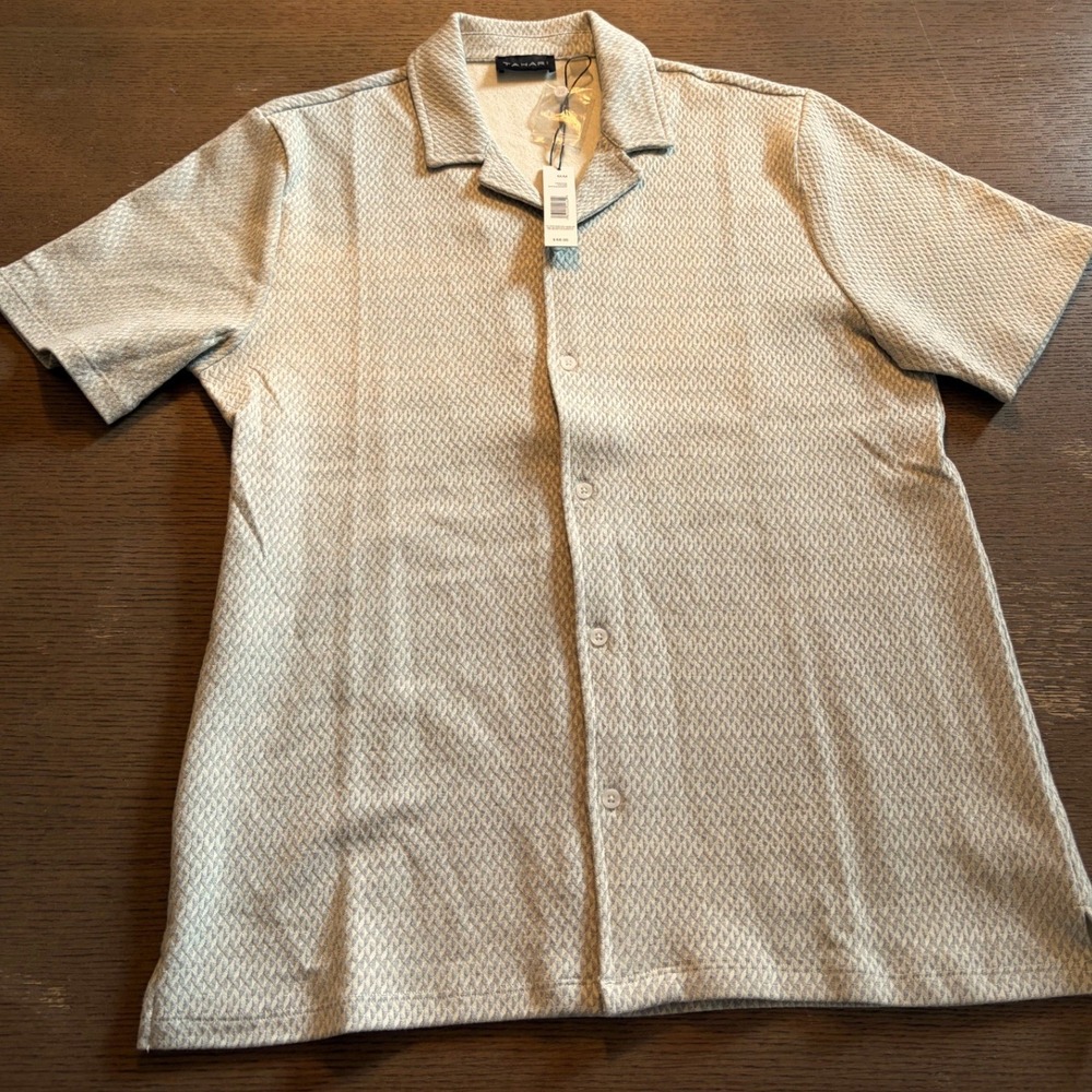 Tahari Mens Short Sleeve Textured Knit Camp Collar Button Up Shirt Grey